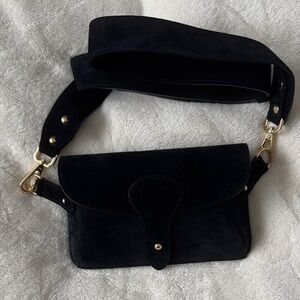 Elegant Black Leather Suede Women's sling/crossbody bag. Made in Italy